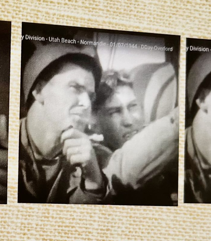 Dick Standefer seen on right side of clips taken from video footage as American forces prepared to land on Utah Beach 28 days after D-Day in 1944.