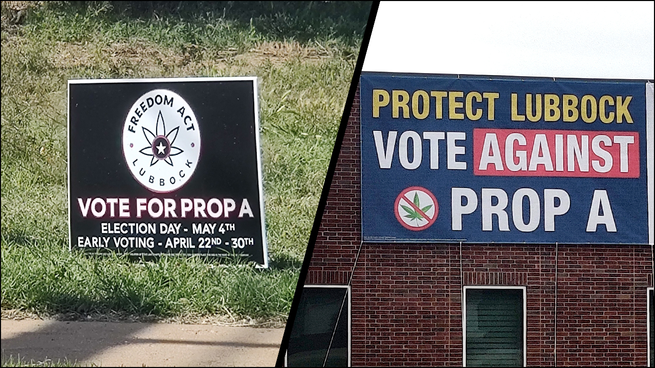 Composite image, signs in favor and against Proposition A (marijuana) in Lubbock, Texas