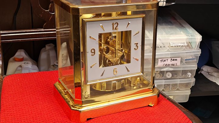 An atmos clock in Lubbock, Texas -- the Clock Doc shop